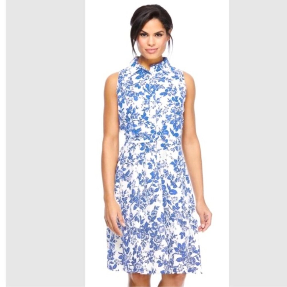 London Times Cabbage Rose Toile Shirtdress, China Blue/White